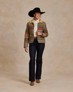 Women’s taupe striped jacket with tan leather-style collar and button front