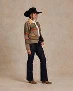 Women’s taupe striped jacket with tan leather-style collar, side view