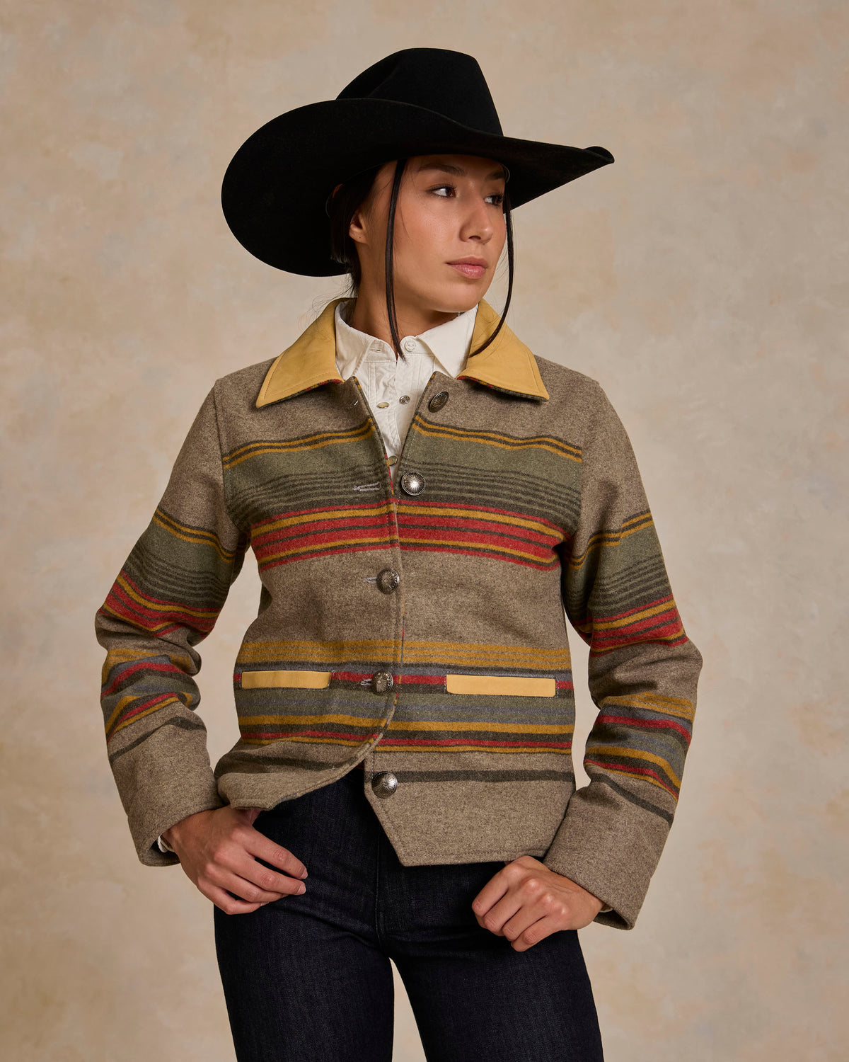 Women’s striped taupe jacket with tan leather-style collar and snap-button placket
