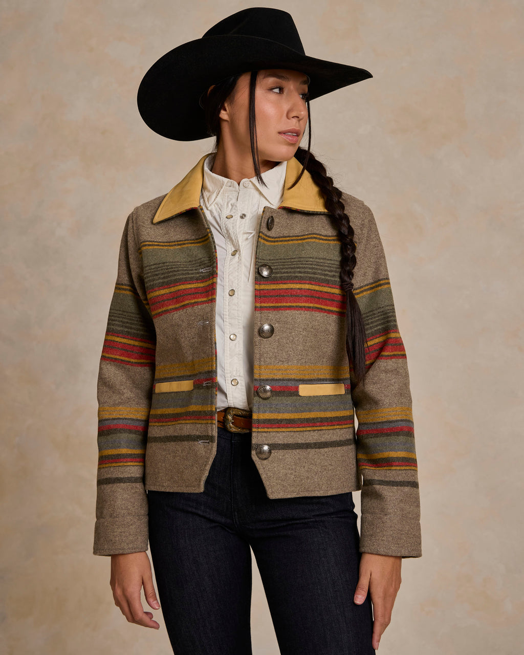 Women’s striped taupe jacket with tan leather-style collar, front open placket