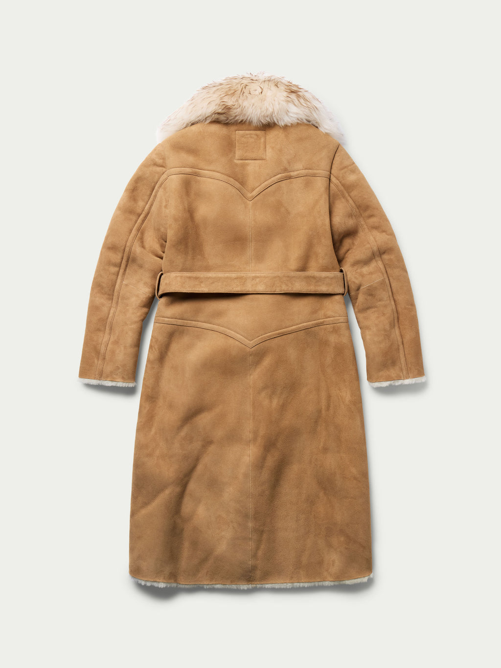 Women’s long shearling coat in chestnut brown with thick fur-trim collar and hem
