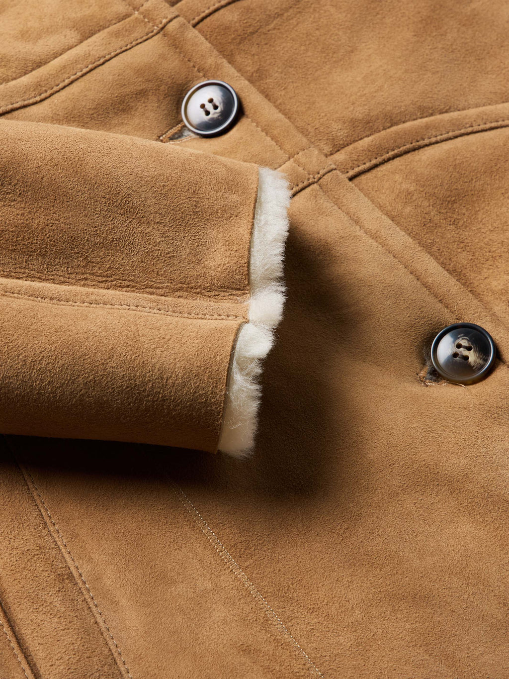 Chestnut suede shearling coat cuff with button closure and white fur trim