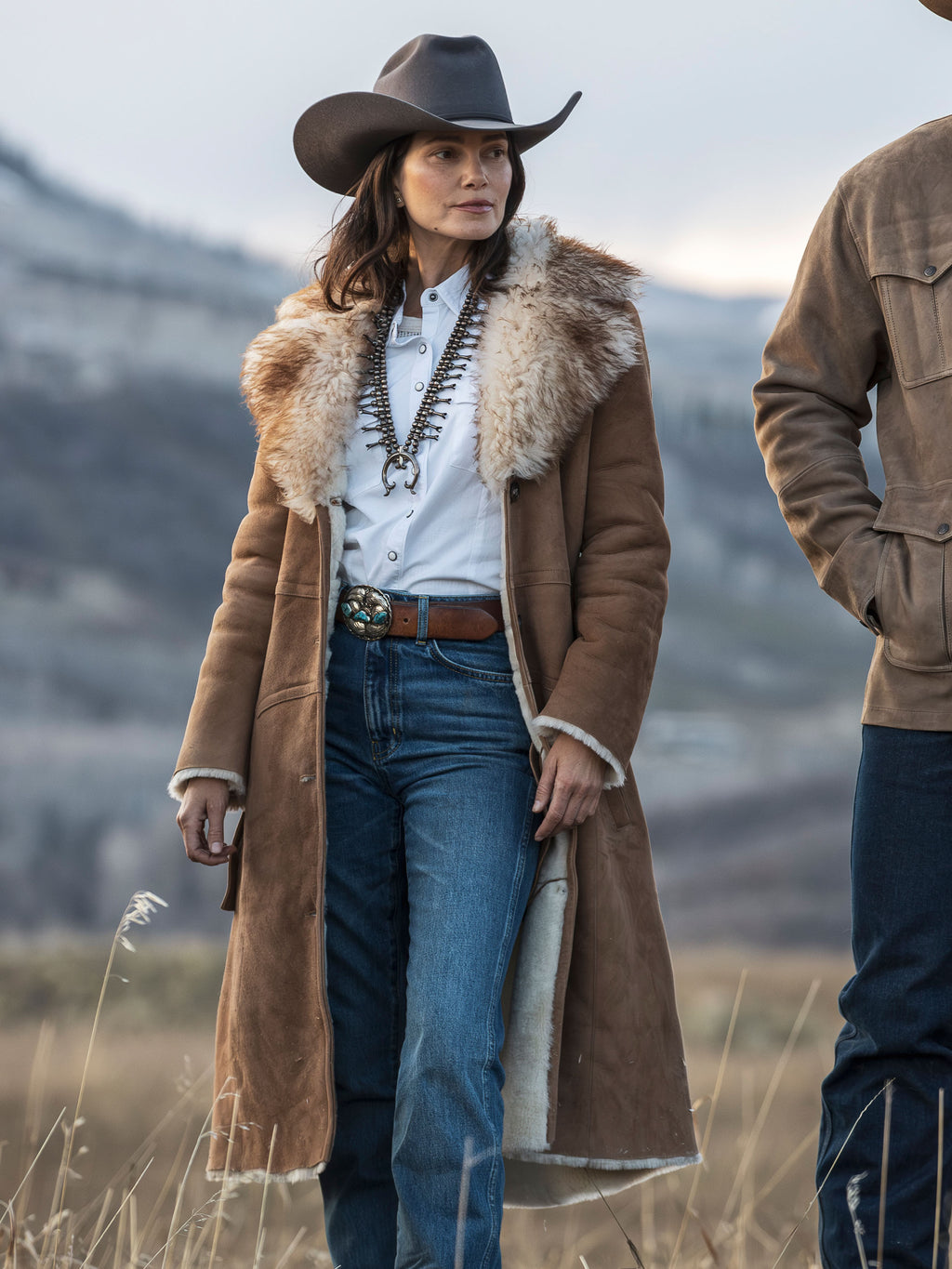 Women’s chestnut long shearling coat with fur collar and button placket