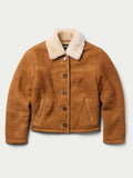 Brown suede-style shearling jacket with tan sherpa collar and four buttons