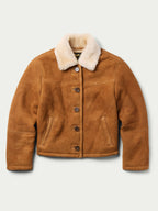 Brown suede-style shearling jacket with tan sherpa collar and four buttons