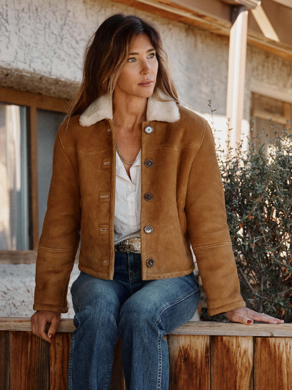 Brown shearling jacket for women with sherpa collar and button front