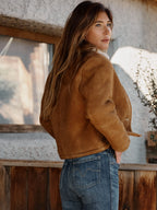 Brown shearling jacket with sherpa collar, side view, button front