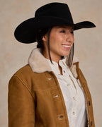 Brown shearling jacket close-up of sherpa collar and chest pocket with flap