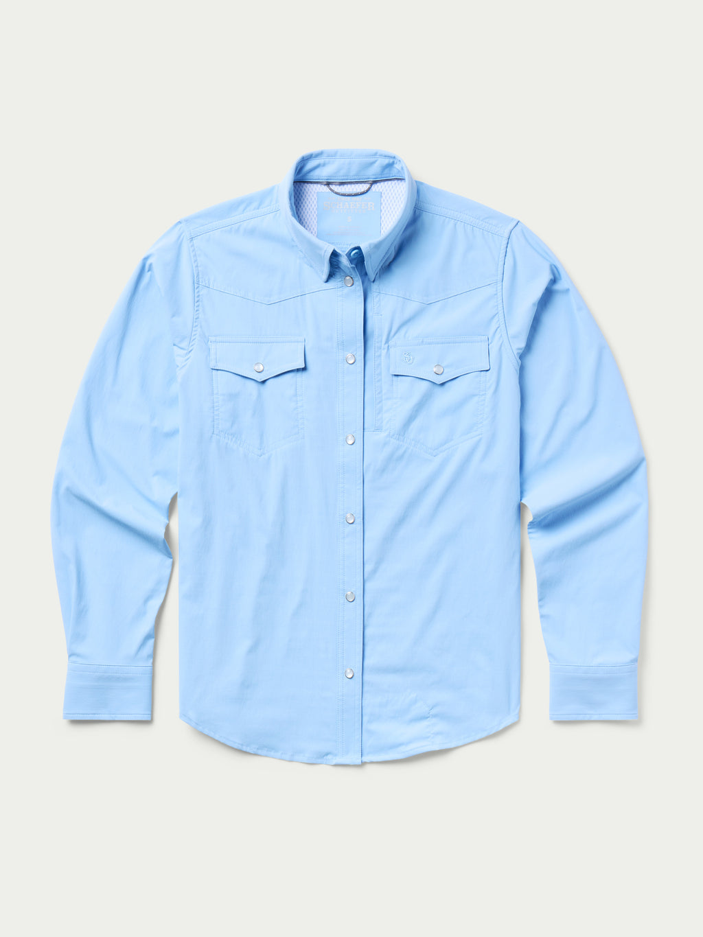 Women’s sky blue long-sleeve Western snap shirt with two chest flap pockets