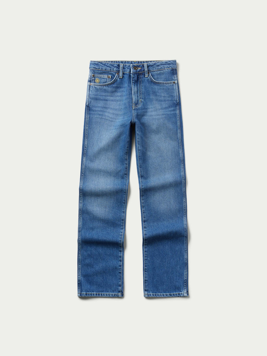 Medium indigo jeans with back yoke stitching and rear pockets