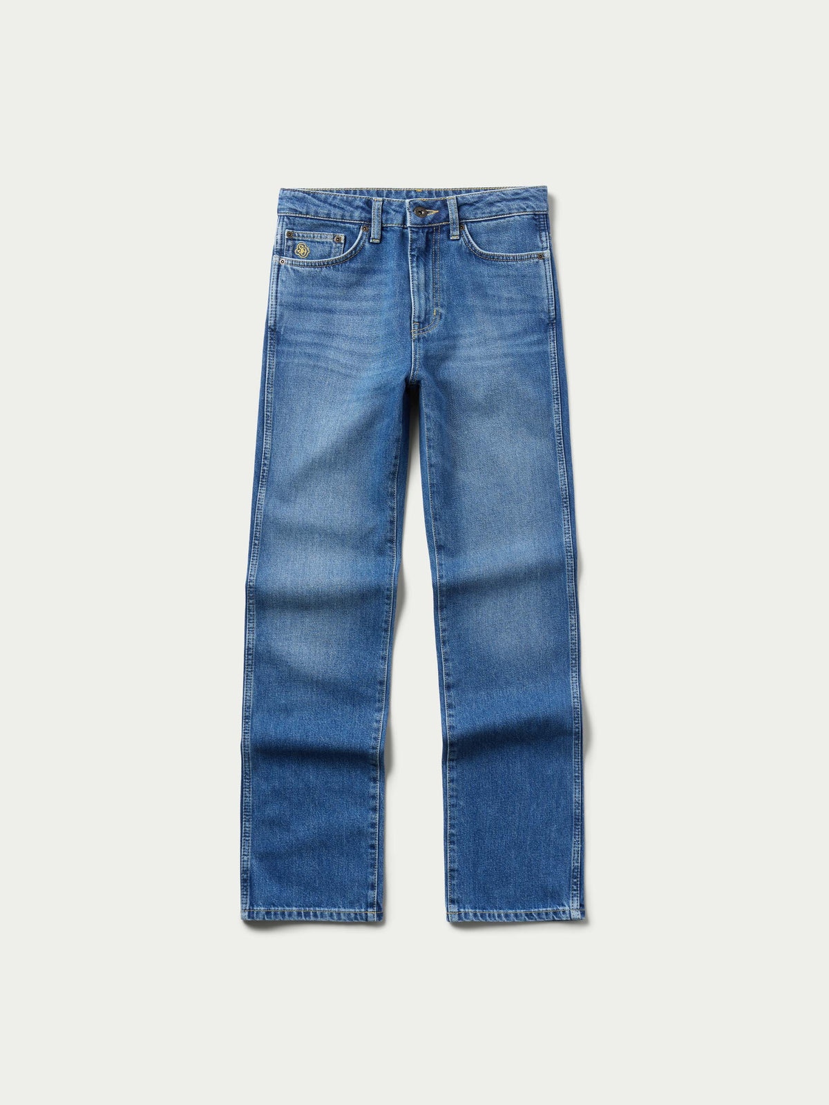 Medium indigo jeans with back yoke stitching and rear pockets