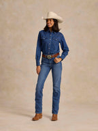 Medium indigo denim jeans with button fly, stitched yoke seams, belt loops and pockets