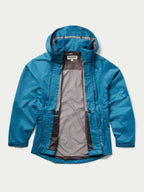 Baltic blue rain jacket open view showing gray inner lining and full-zip front