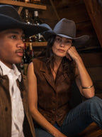 Women's whiskey-brown leather Bowie vest with front buttons and notch lapels