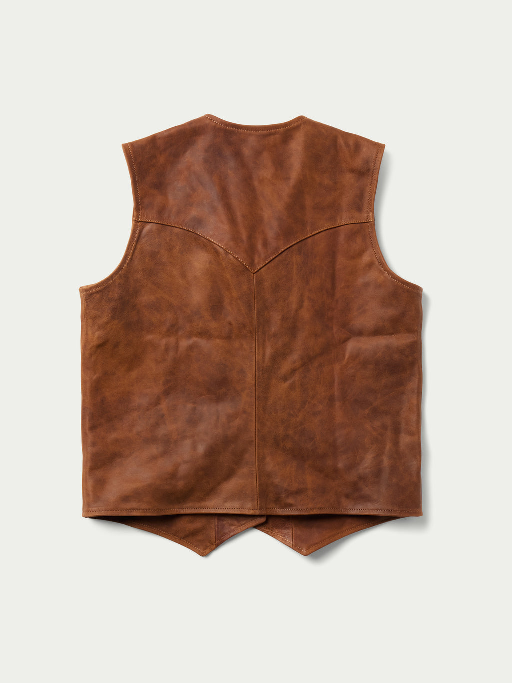 Women's whiskey-brown leather vest back view with center V seam