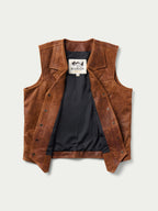 Women's whiskey-brown leather vest with button front and dark satin lining