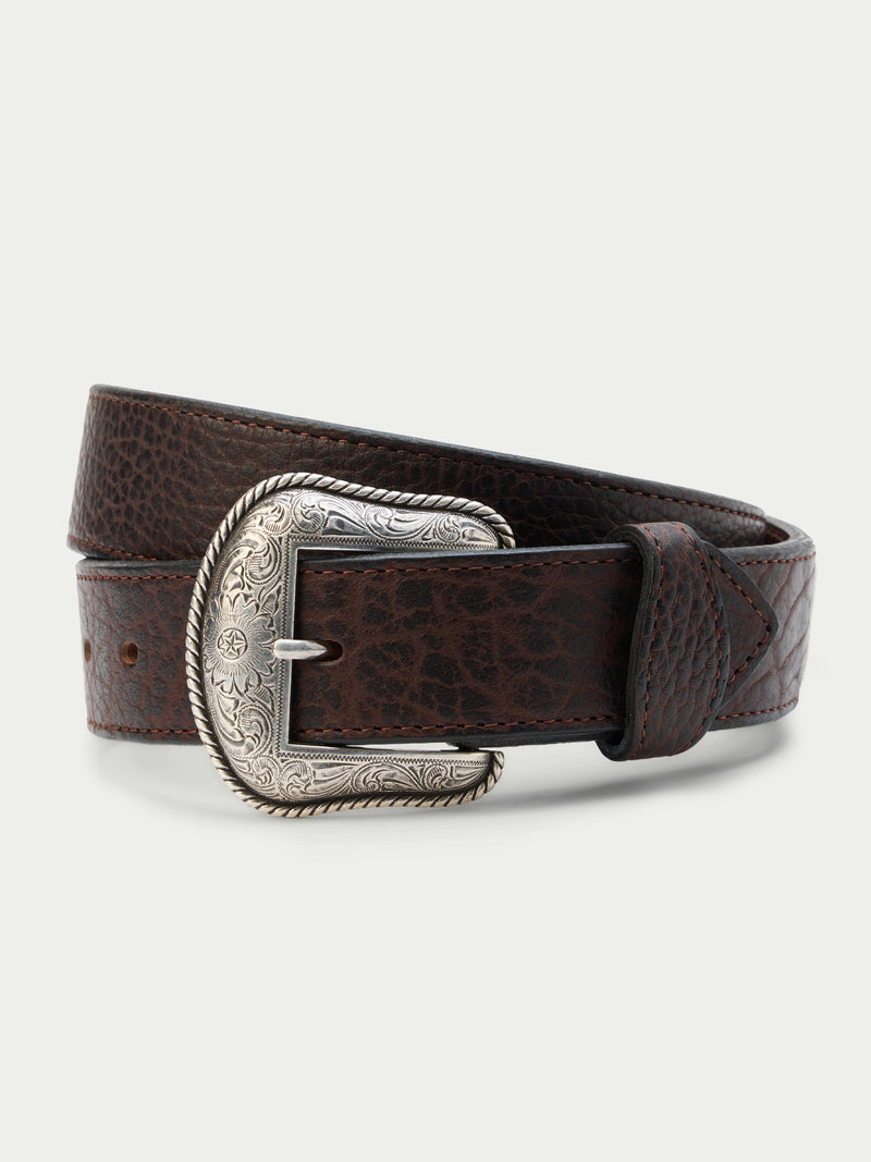 Dark brown western belt with oval silver-tone engraved buckle and stitched leather strap