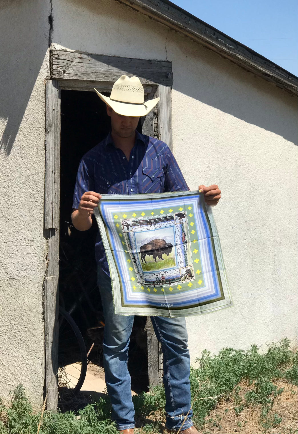 Wild rag scarf held up outdoors, framed buffalo graphic with border