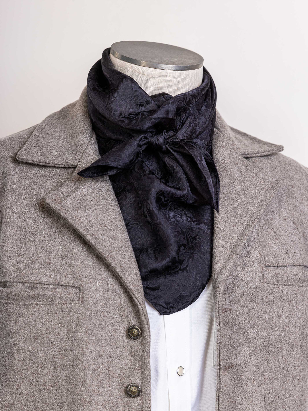 Black jacquard wild rag scarf with ruffled tie ends for neck wear