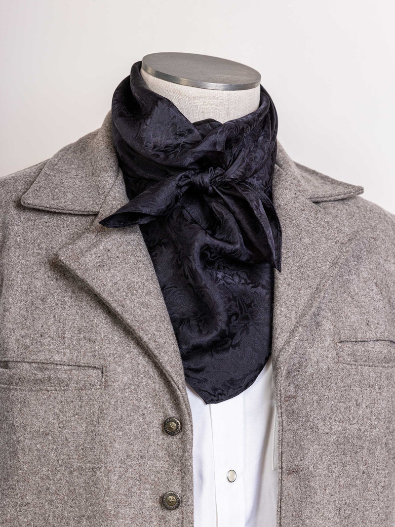 Black jacquard wild rag scarf with ruffled tie ends for neck wear
