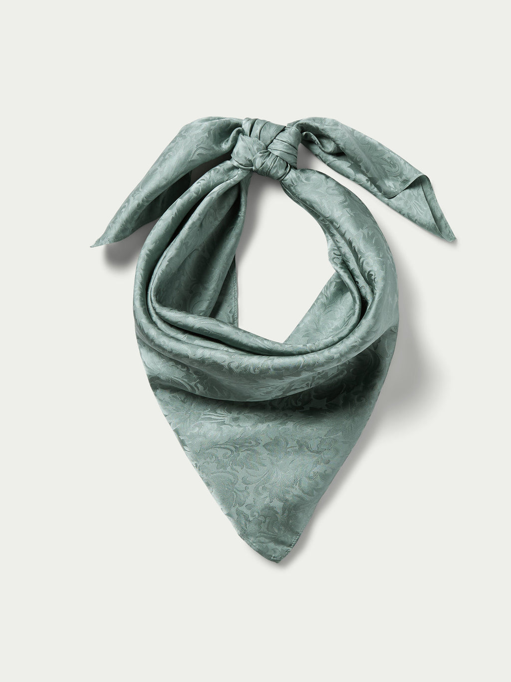 Sage green jacquard wild rag scarf, folded triangle with knotted bow at top