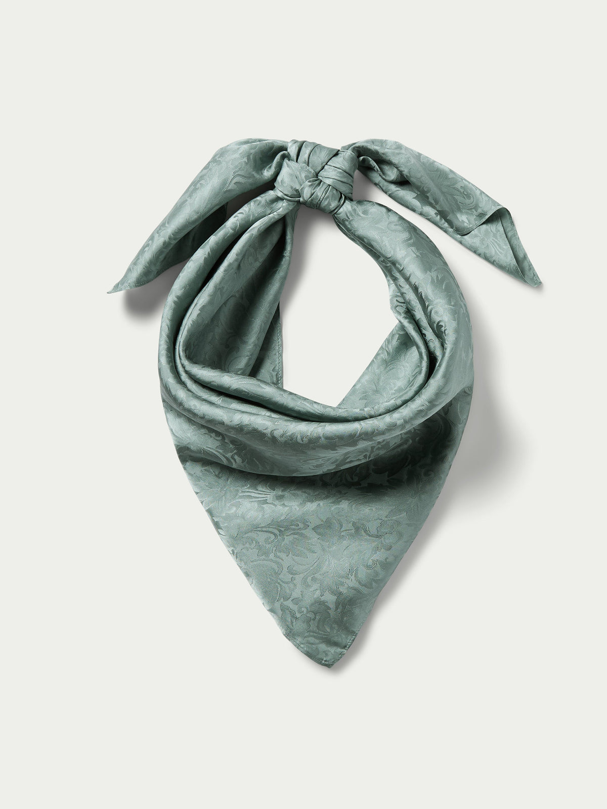 Sage green jacquard wild rag scarf, folded triangle with knotted bow at top