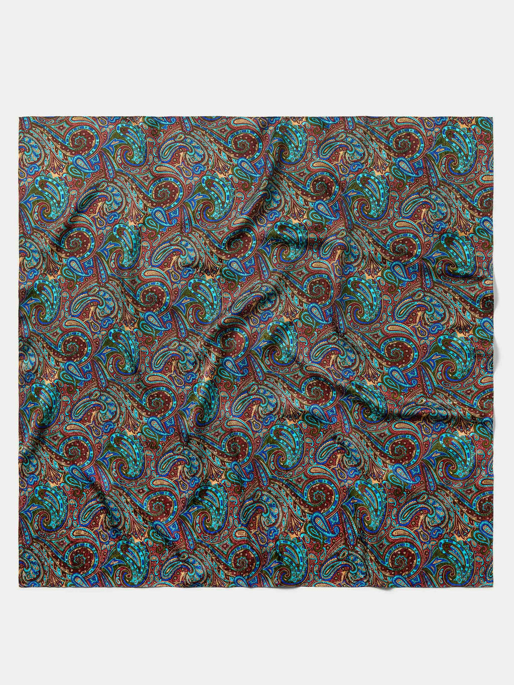Paisley wild rag fabric swatch with teal, blue, and burgundy swirl print