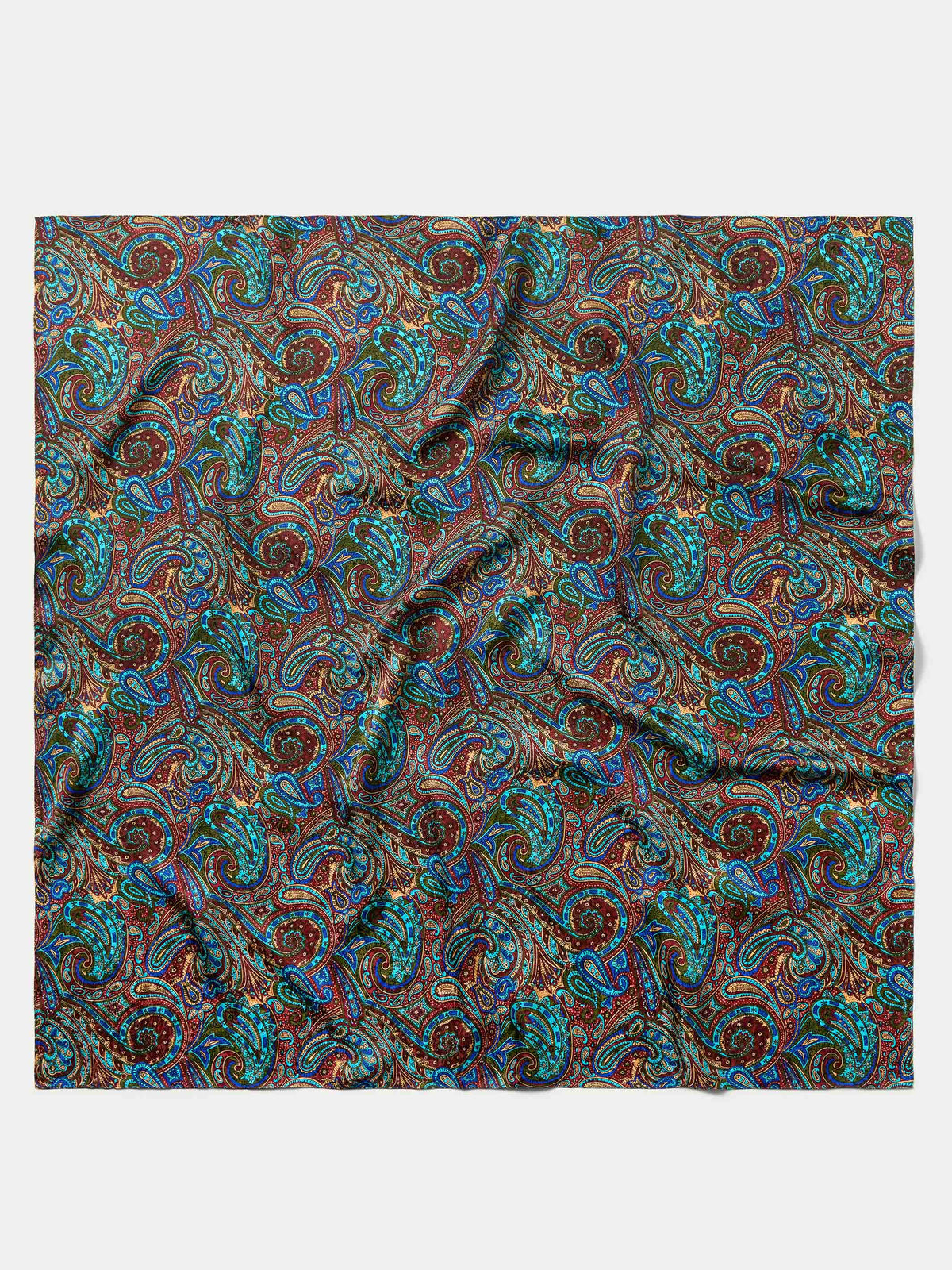 Paisley wild rag fabric swatch with teal, blue, and burgundy swirl print