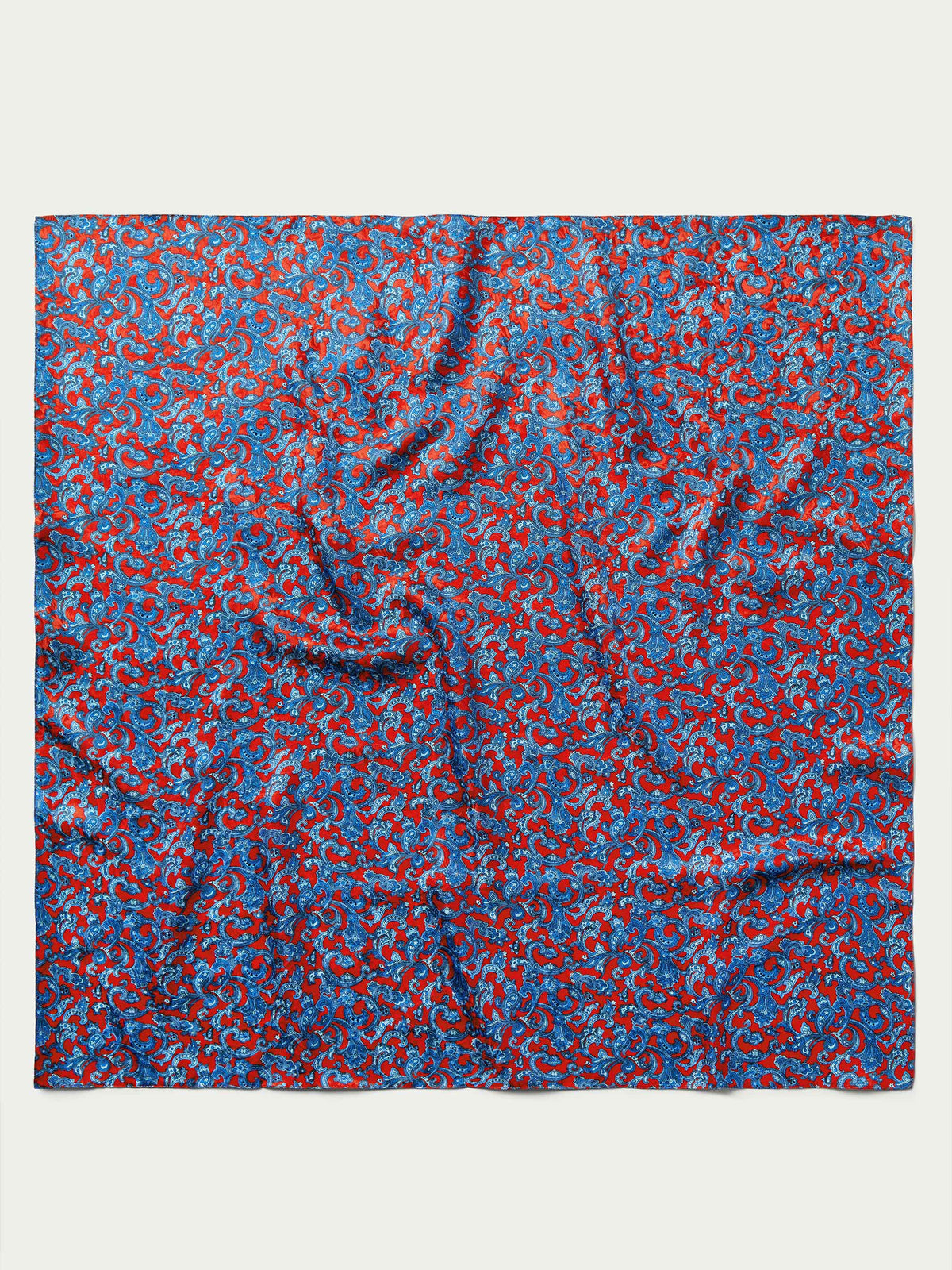 Blue-red paisley wild rag scarf, square flat print view