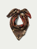 Brown and burgundy paisley wild rag scarf, tied neck-style knot