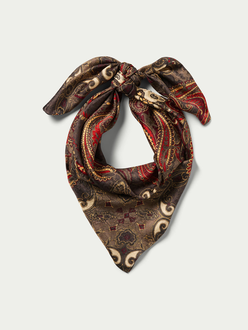 Brown and burgundy paisley wild rag scarf, tied neck-style knot