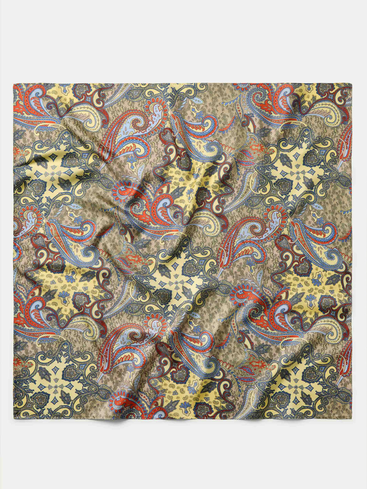 Square paisley fabric print scarf, blue, orange, gold, and cream