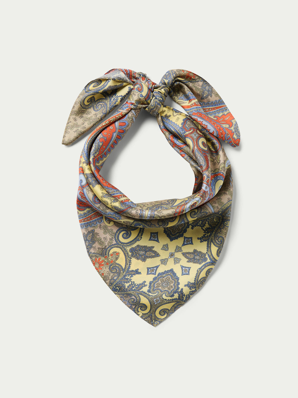 Multicolor paisley wild rag scarf with knot-tied ends