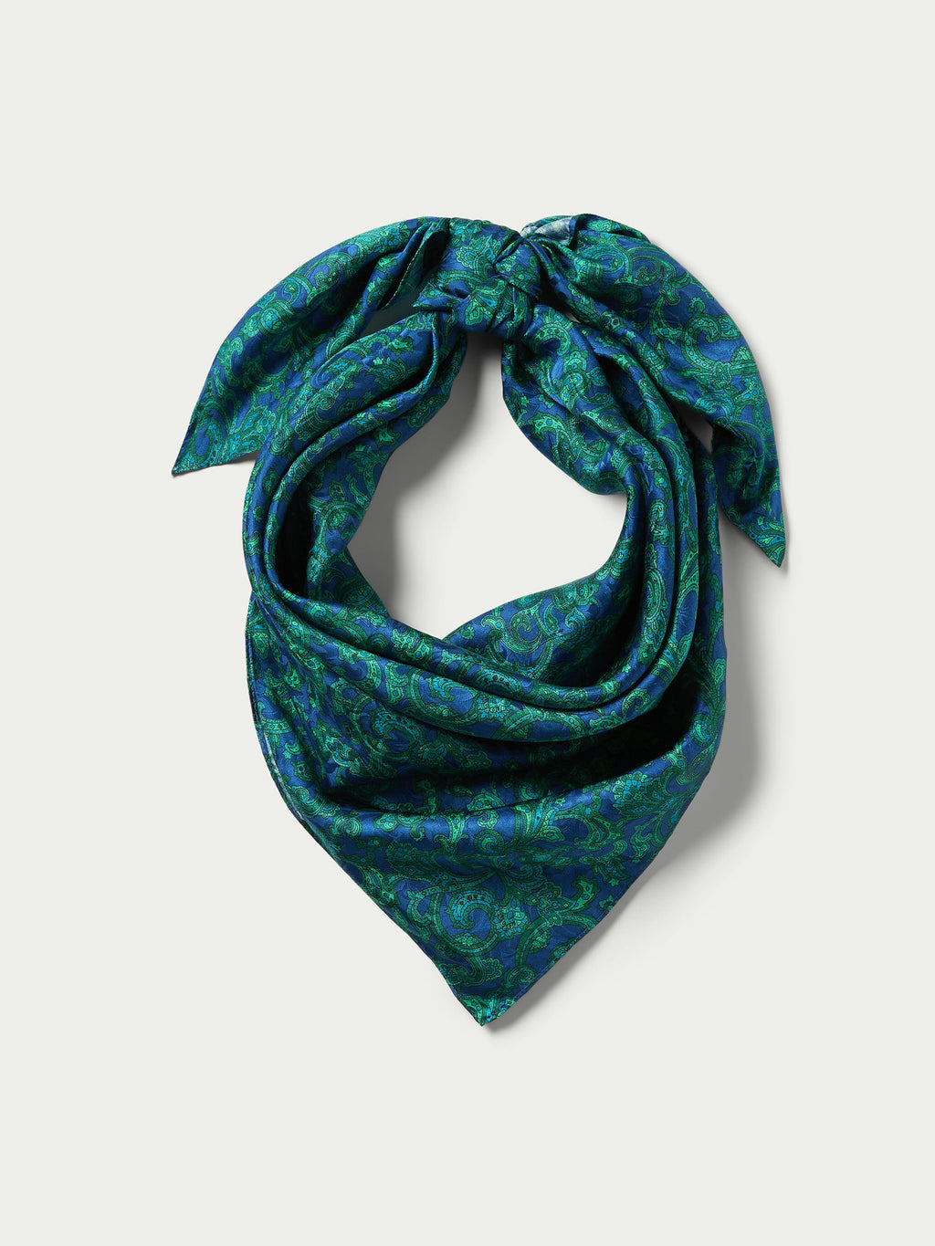 Paisley wild rag scarf in teal and navy green paisley print, folded neckerchief