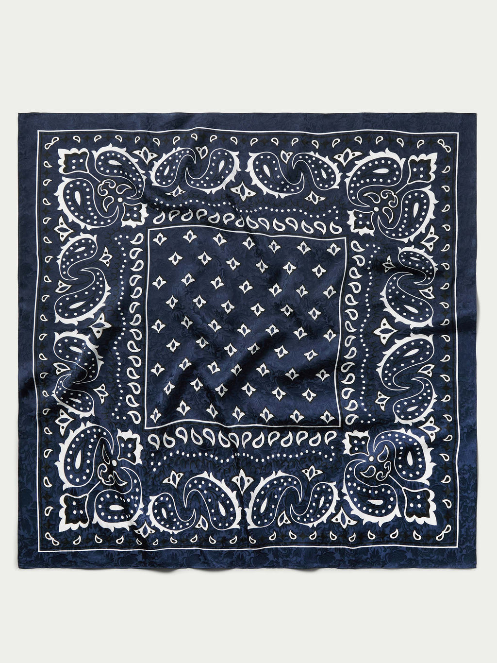 Navy bandana wild rag square scarf with white paisley border and center medallion