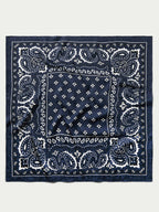Navy bandana wild rag square scarf with white paisley border and center medallion