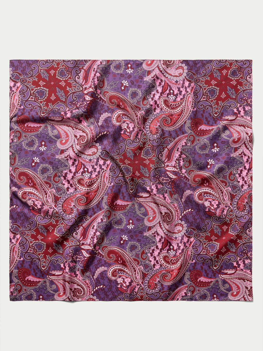 Paisley-pattern wild rag scarf fabric swatch with red, purple, and burgundy swirls