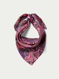 Paisley-pattern wild rag scarf in purple and burgundy, tied knot style