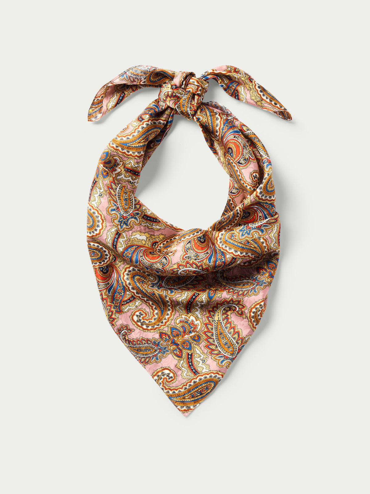 Rose paisley wild rag neckerchief tied at top, ornate paisley print