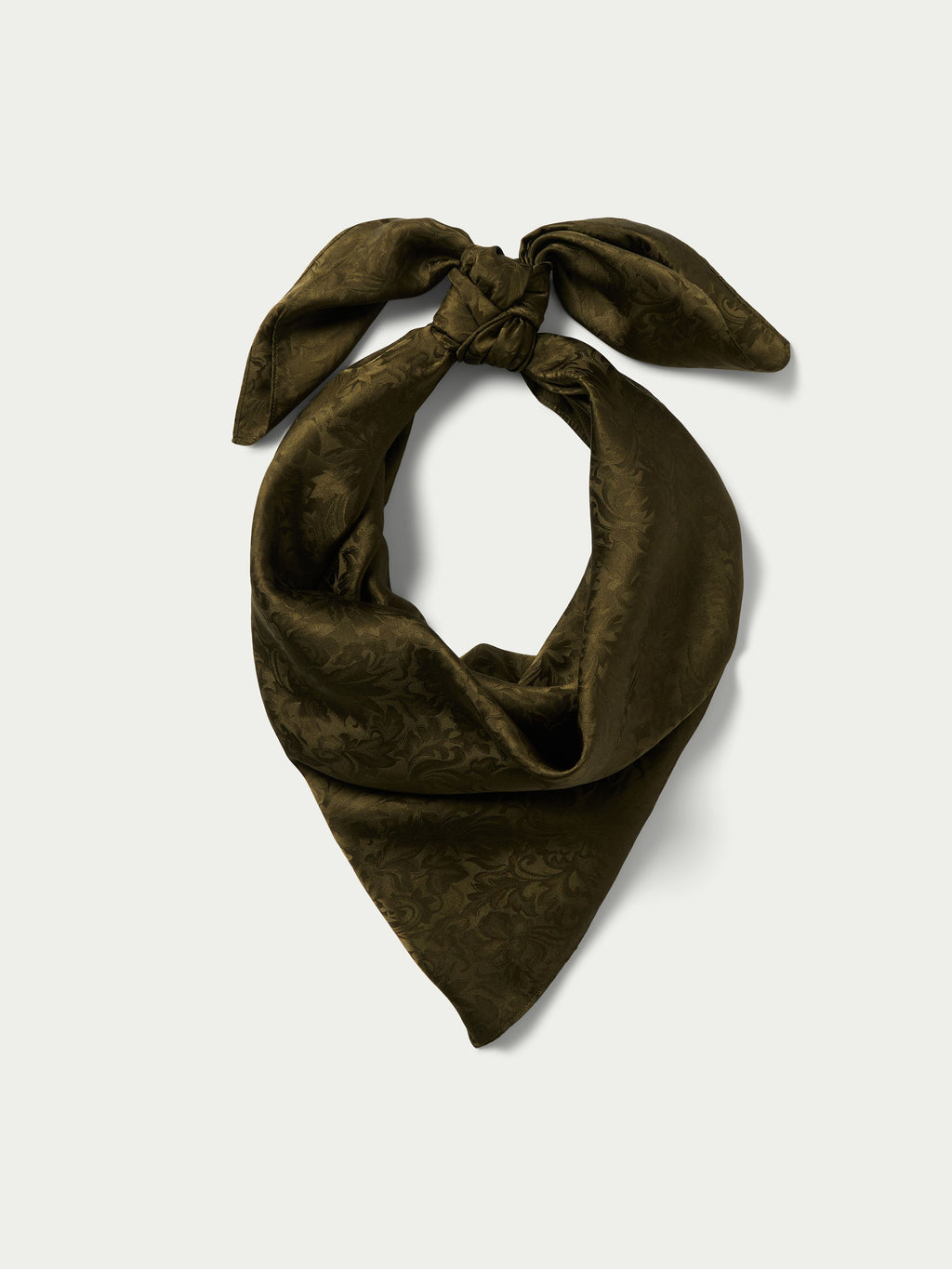 Olive jacquard wild rag neck scarf with crisscross knot, draped