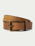 Distressed brown oil-tanned leather belt with rectangular brass buckle and strap keeper