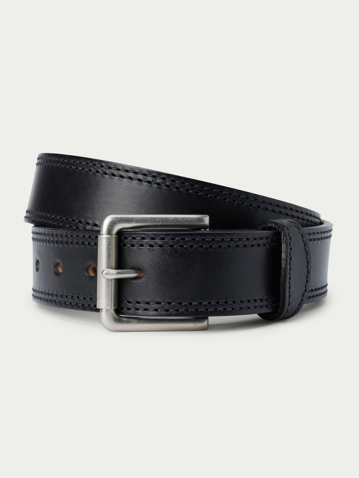 Black leather belt with silver buckle and stitched edge