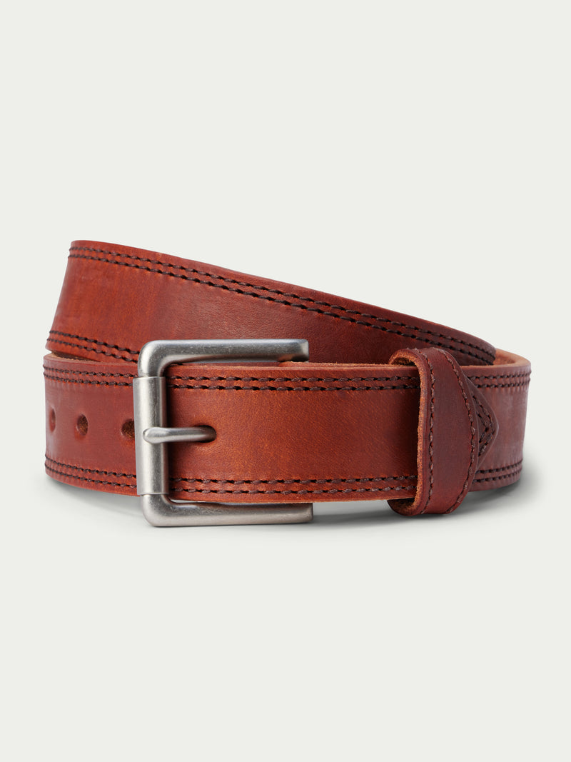 Brown leather belt with silver rectangular buckle and stitched strap