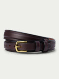 Dark brown leather ranger belt with brass buckle and double-stitched strap