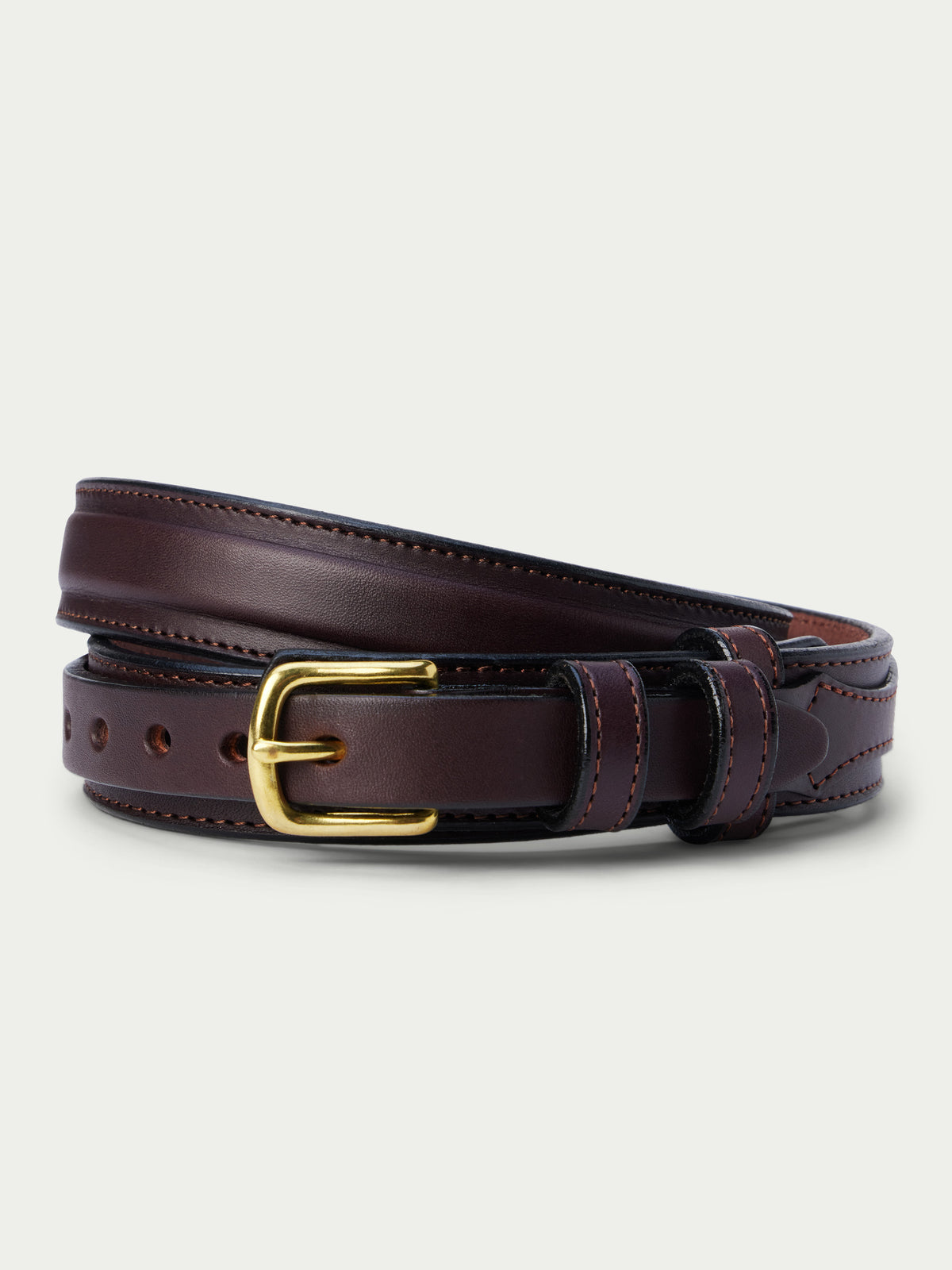 Dark brown leather ranger belt with brass buckle and double-stitched strap