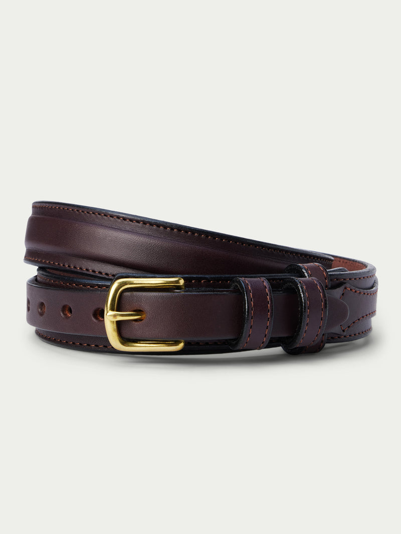 Dark brown leather ranger belt with brass buckle and double-stitched strap