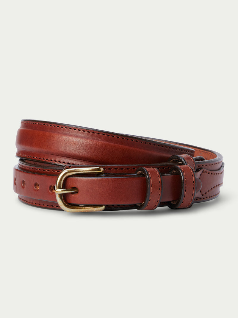 Medium brown leather ranger belt with brass buckle, punched holes, and stitched edges