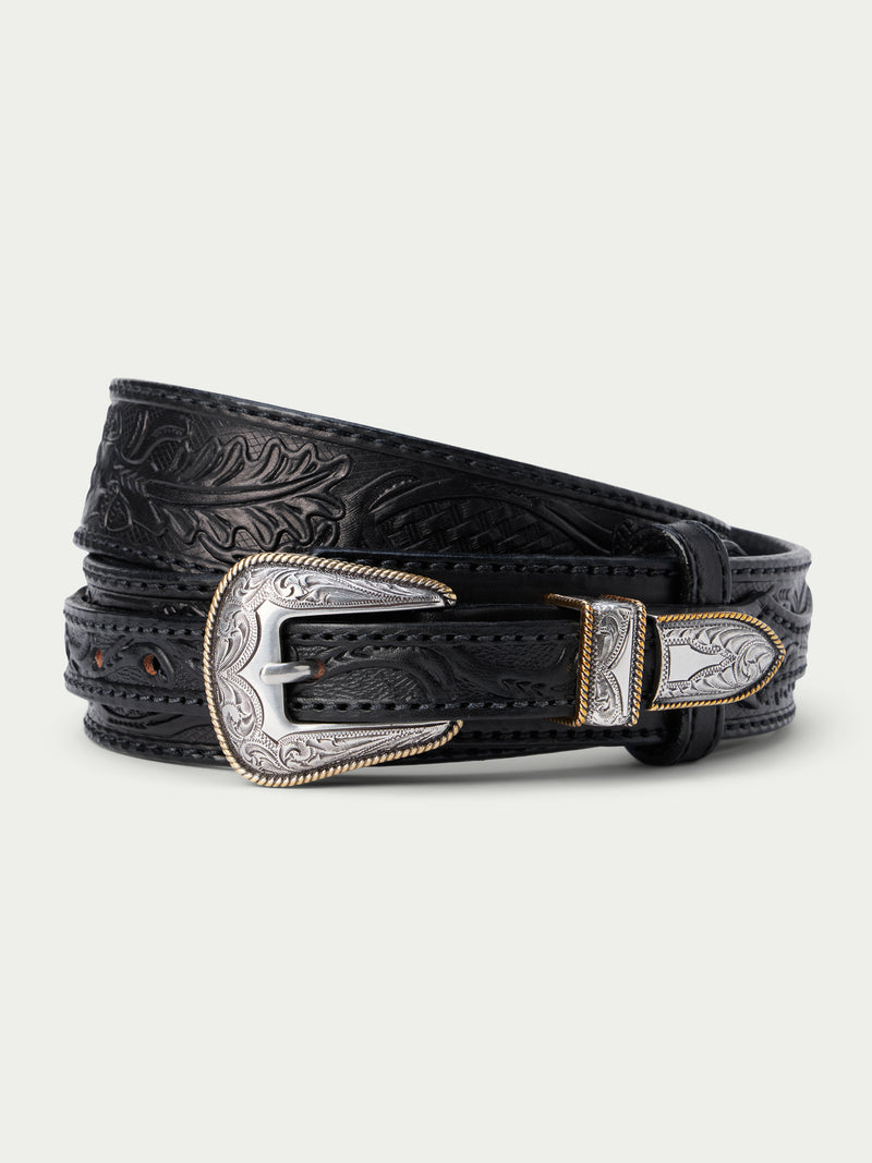 Black western ranger belt with embossed leather and ornate silver buckle