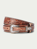 Western ranger belt with embossed tan leather and engraved silver buckle, embossed pattern