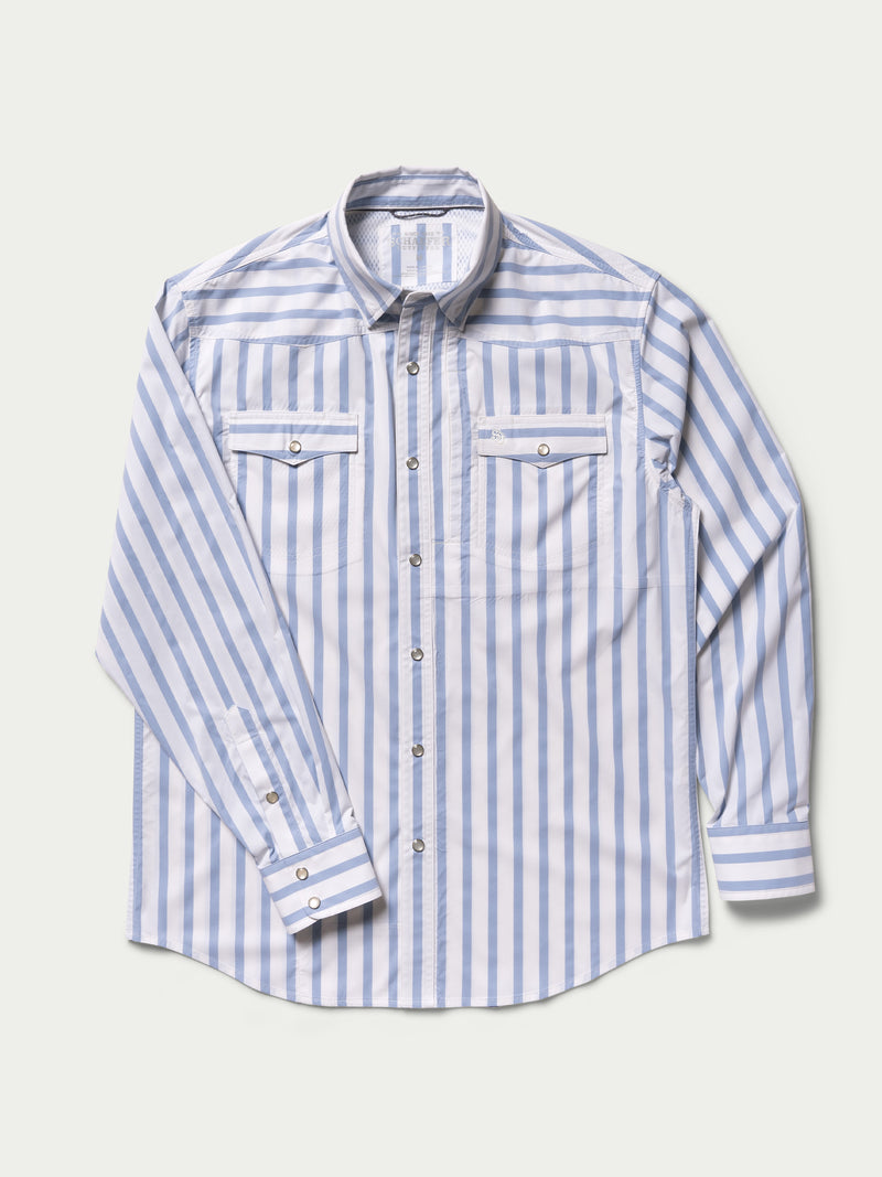Blue and white striped Western snap shirt with button placket and flap chest pockets